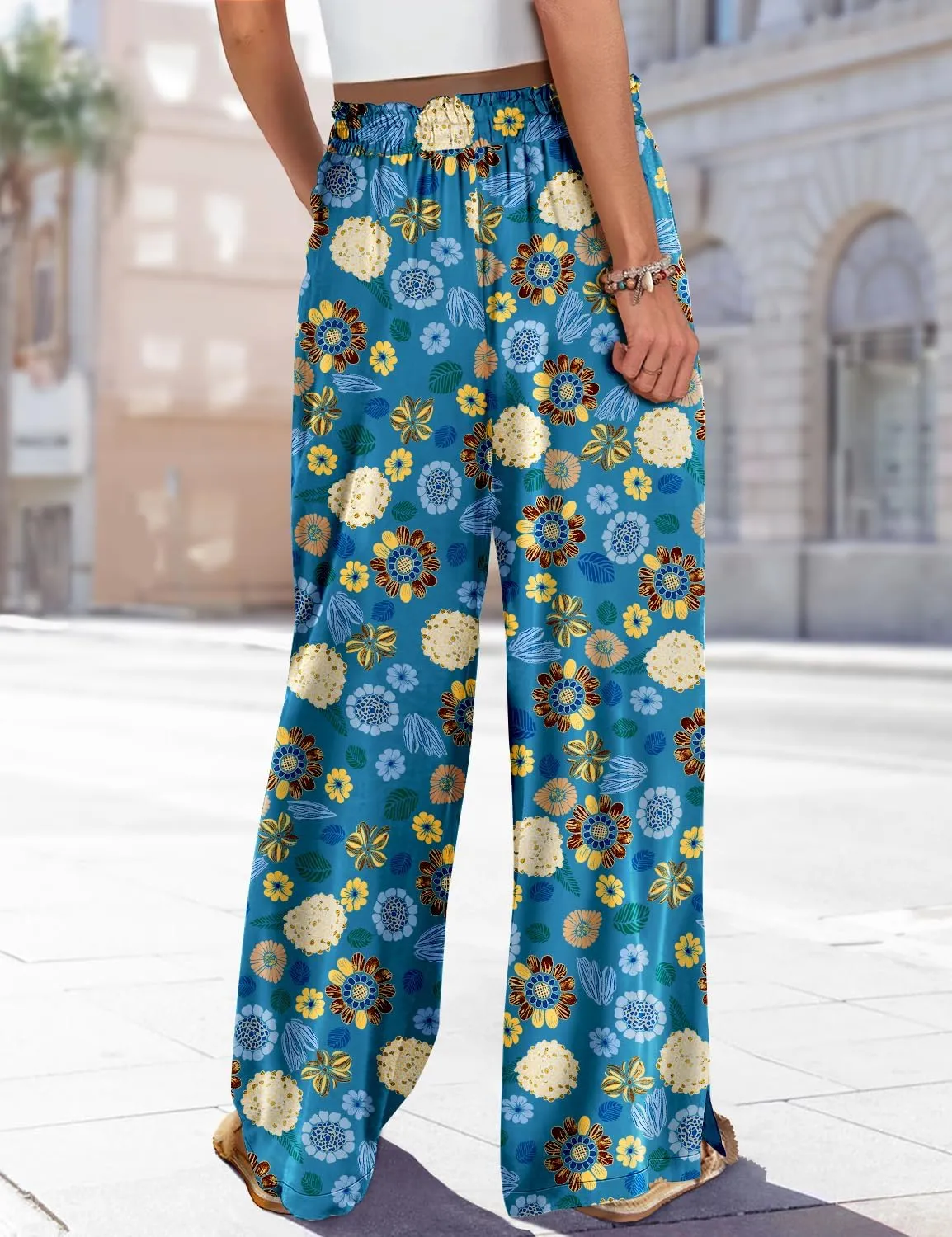 YESNO Women Summer Boho Palazzo Pants High Waist Wide Leg Floral Casual Cotton Lounge Trousers with Pockets PP0