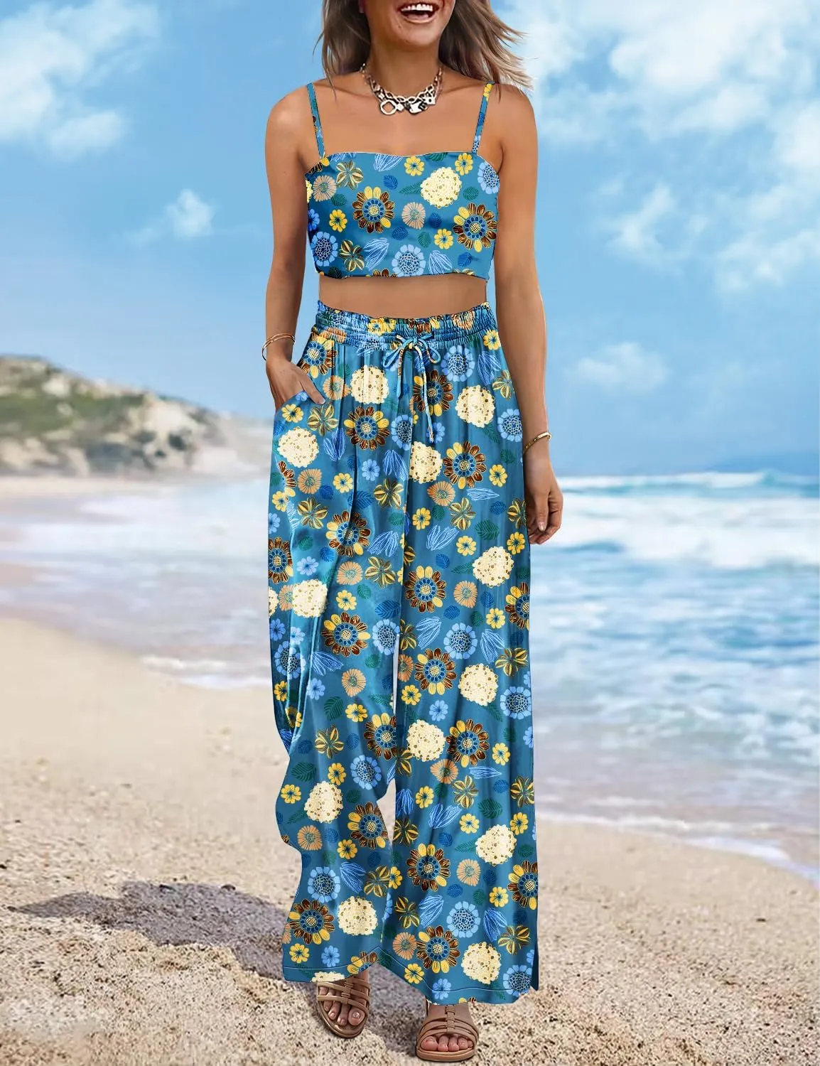YESNO Women Summer Boho Palazzo Pants High Waist Wide Leg Floral Casual Cotton Lounge Trousers with Pockets PP0