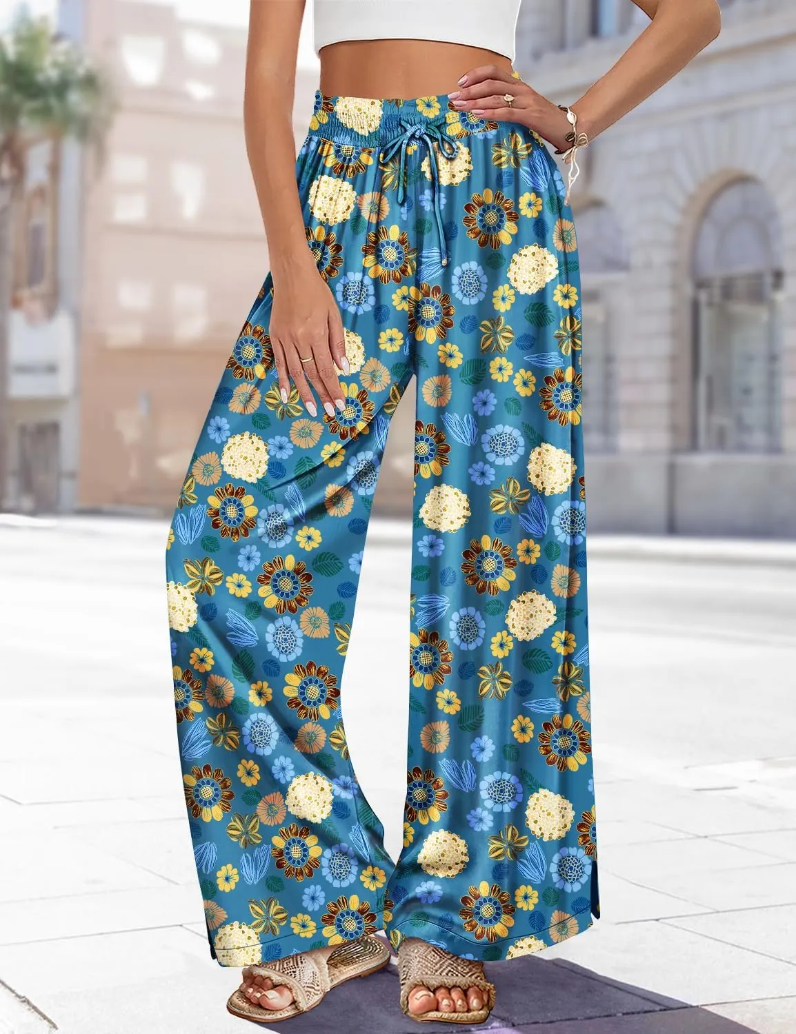 YESNO Women Summer Boho Palazzo Pants High Waist Wide Leg Floral Casual Cotton Lounge Trousers with Pockets PP0