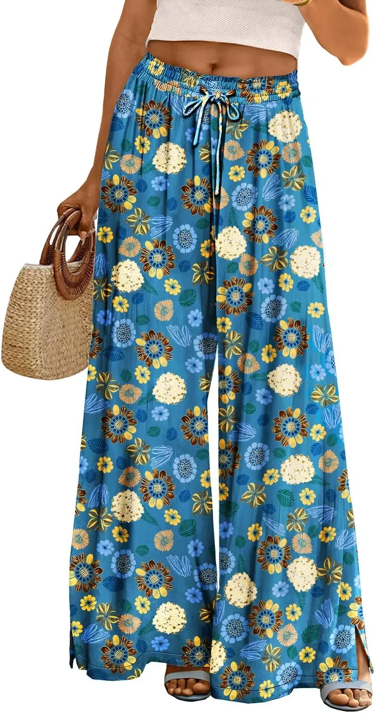 YESNO Women Summer Boho Palazzo Pants High Waist Wide Leg Floral Casual Cotton Lounge Trousers with Pockets PP0
