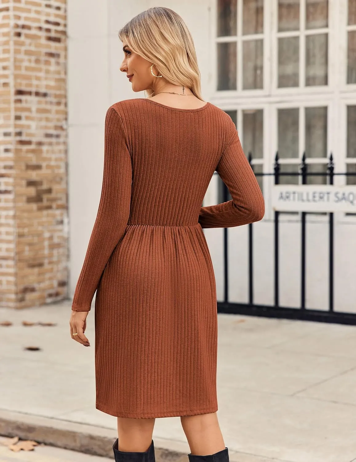 Zeagoo Womens Casual Sweater Dress Square Neck Knit Long Sleeve Dress with Pockets A-Line Knee Length Fall Winter Dress