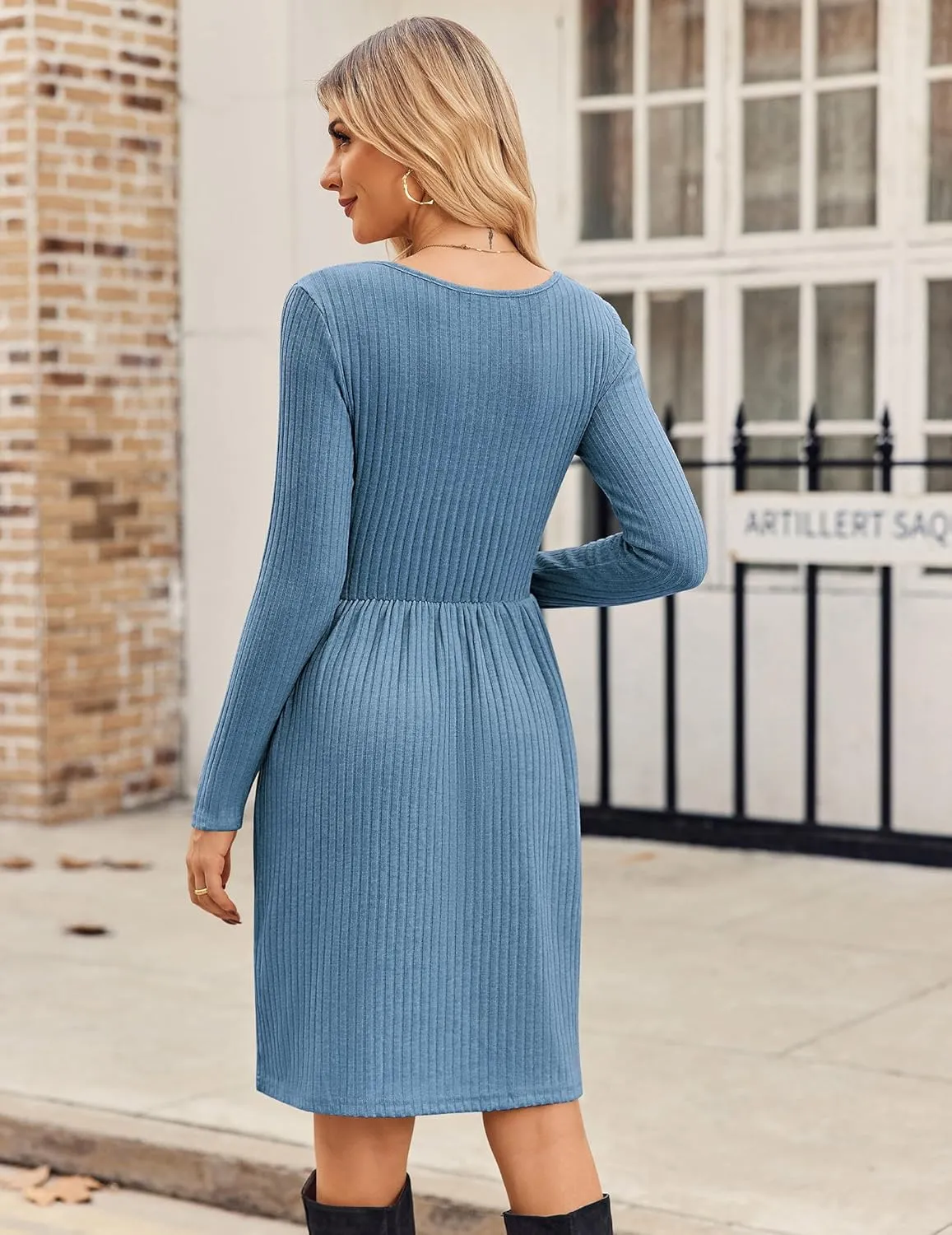 Zeagoo Womens Casual Sweater Dress Square Neck Knit Long Sleeve Dress with Pockets A-Line Knee Length Fall Winter Dress