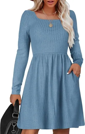 Zeagoo Womens Casual Sweater Dress Square Neck Knit Long Sleeve Dress with Pockets A-Line Knee Length Fall Winter Dress