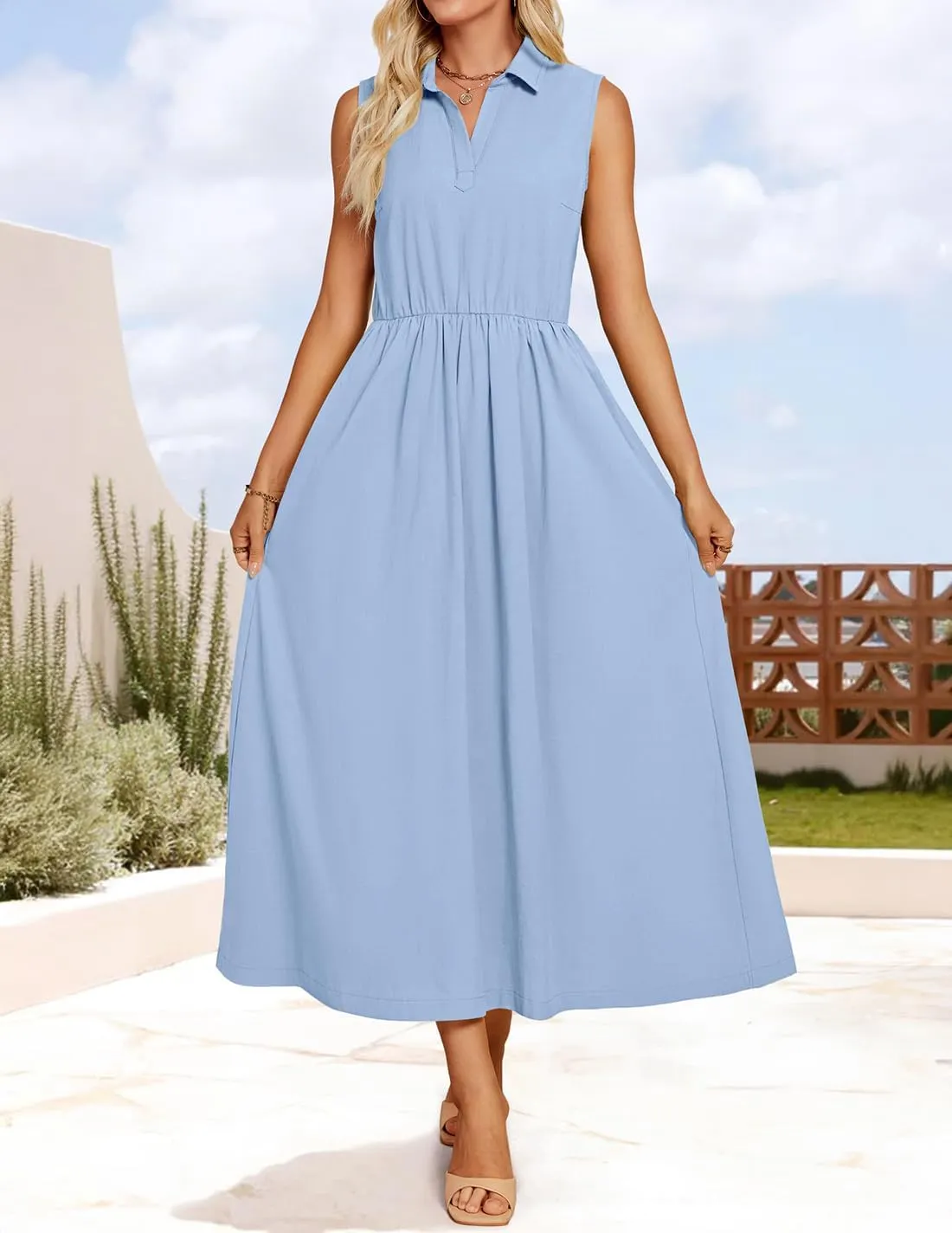 ZESICA Women's Summer Sleeveless Work Midi Dress 2025 V Neck Casual Swing Office Dresses with Pockets