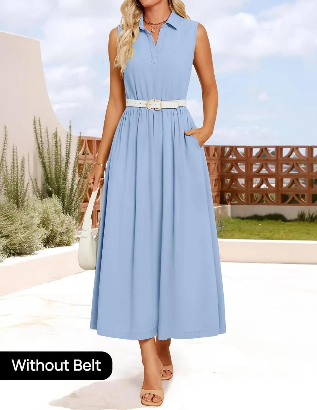 ZESICA Women's Summer Sleeveless Work Midi Dress 2025 V Neck Casual Swing Office Dresses with Pockets