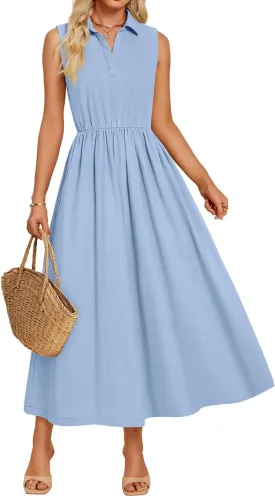 ZESICA Women's Summer Sleeveless Work Midi Dress 2025 V Neck Casual Swing Office Dresses with Pockets