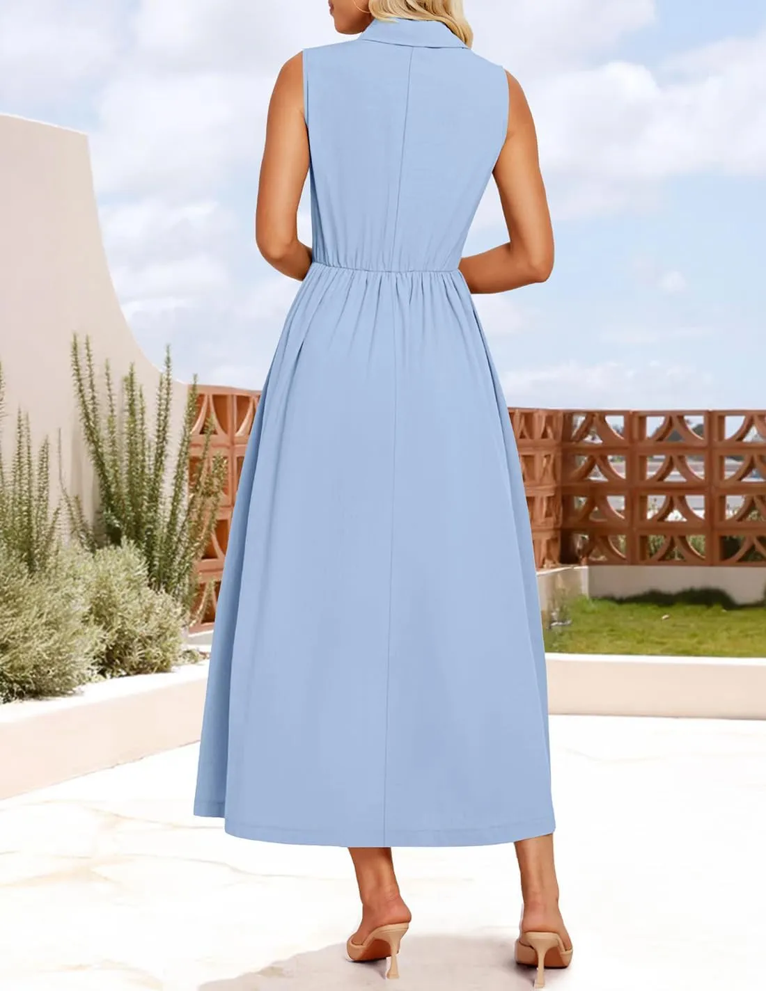ZESICA Women's Summer Sleeveless Work Midi Dress 2025 V Neck Casual Swing Office Dresses with Pockets